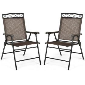 Set of 2 Patio Folding Chairs Sling Portable Dining Chair Set with Armrest