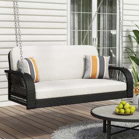 GO PE Wicker Porch Swing, 2-Seater Hanging Bench With Chains, Patio Furniture Swing For Backyard Garden Poolside, Black And Beige