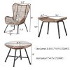 Outdoor Patio 5-Piece Rattan Conversation Set, PE Wicker Arm Chairs with Stools and Tempered Glass Tea Table for Balcony, Natural Rattan+Dark Gray