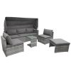 5 Pieces Outdoor Sectional Patio Rattan Sofa Set Rattan Daybed , PE Wicker Conversation Furniture Set/ Canopy and Tempered Glass Side Table, Gray