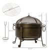 30" Outdoor Fire Pit Grill, Portable Steel Wood Burning Bowl, Cooking Grate, Poker, Spark Screen Lid for Patio, Backyard, BBQ, Camping, Bronze Colored