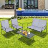 4 Pieces of Metal Patio Furniture Chat Set with Tempered Glass Coffee Table