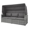 5 Pieces Outdoor Sectional Patio Rattan Sofa Set Rattan Daybed , PE Wicker Conversation Furniture Set/ Canopy and Tempered Glass Side Table, Gray