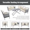 TOPMAX 5-Piece Modern Patio Sectional Sofa Set Outdoor Woven Rope Furniture Set with Glass Table and Cushions, Gray+Beige