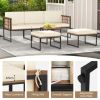 6 Pieces Acacia Wood Patio Furniture Set with Coffee Table and Ottomans