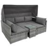 5 Pieces Outdoor Sectional Patio Rattan Sofa Set Rattan Daybed , PE Wicker Conversation Furniture Set/ Canopy and Tempered Glass Side Table, Gray