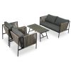 GO 4-Piece Rope Sofa Set with Thick Cushions and Toughened Glass Table, All-Weather Patio Furniture Set For 4 Person With Loveseat, Gray