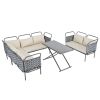 TOPMAX 5-Piece Modern Patio Sectional Sofa Set Outdoor Woven Rope Furniture Set with Glass Table and Cushions, Gray+Beige