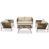 GO 4-Piece Rope Sofa Set with Thick Cushions and Toughened Glass Table, All-Weather Patio Furniture Set For 4 Person With Loveseat, Beige