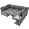 5 Pieces Outdoor Sectional Patio Rattan Sofa Set Rattan Daybed , PE Wicker Conversation Furniture Set/ Canopy and Tempered Glass Side Table, Gray