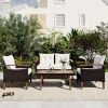 4-Piece Garden Furniture;  Patio Seating Set;  PE Rattan Outdoor Sofa Set;  Wood Table and Legs;  Brown and Beige