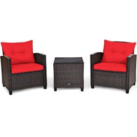 3 Pieces Rattan Patio Furniture Set with Washable Cushion (Color: Red)