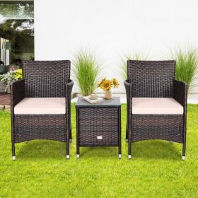 3 Pieces Ergonomic Wicker Patio Conversation Set (Color: Beige)