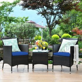 3 Pieces Ergonomic Wicker Patio Conversation Set (Color: Navy)