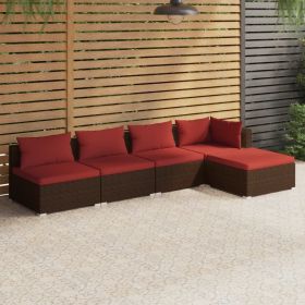 5 Piece Patio Lounge Set with Cushions Poly Rattan Brown (Color: Brown)