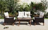 4-Piece Garden Furniture;  Patio Seating Set;  PE Rattan Outdoor Sofa Set;  Wood Table and Legs;  Brown and Beige